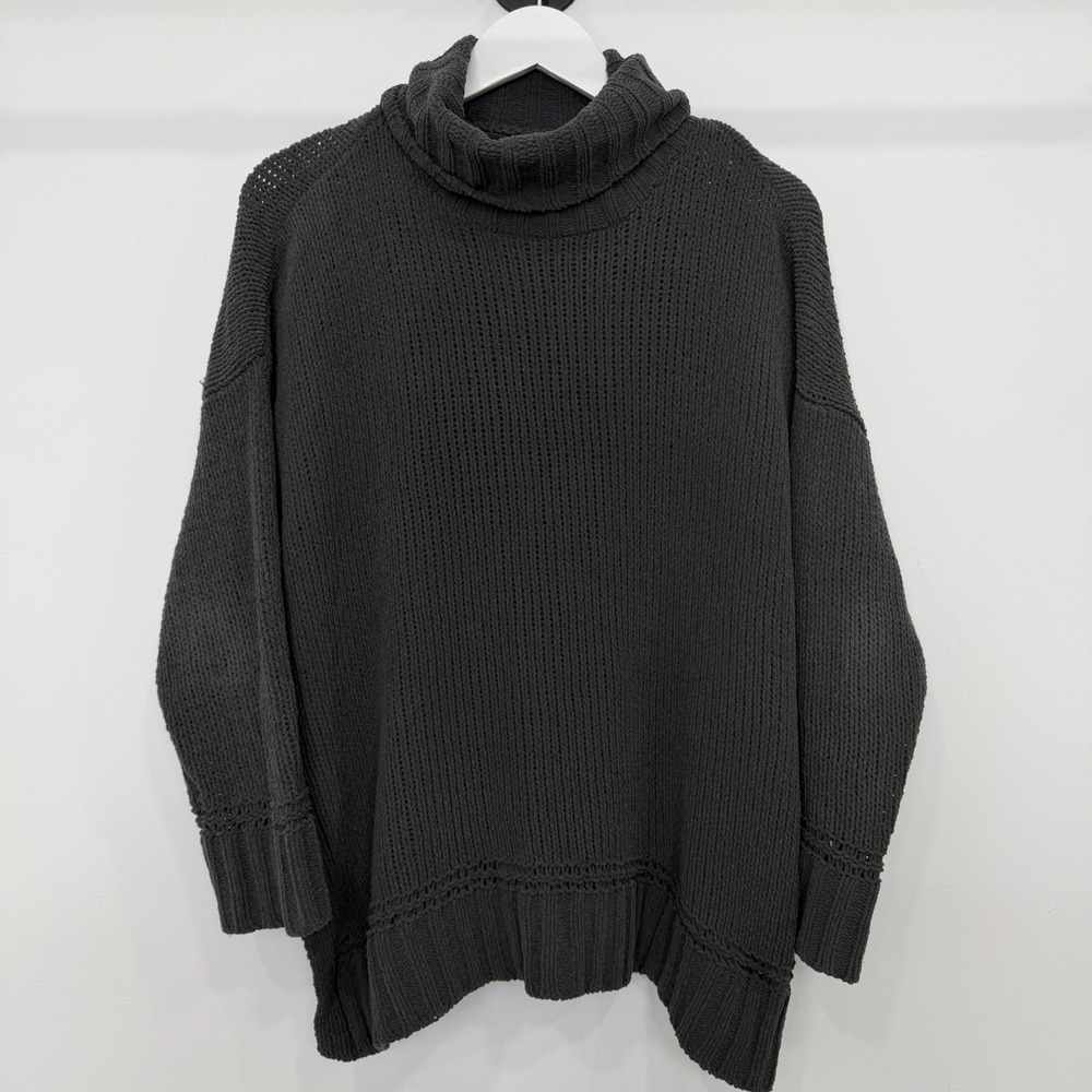 Aerie Turtleneck Sweater Green Gray Oversized Knit Side Slit M Mockneck Comfy